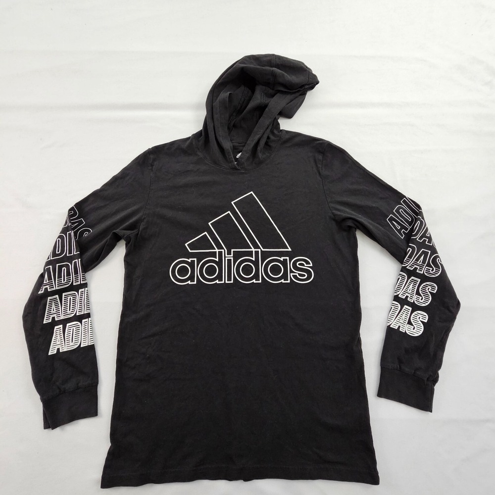 adidas Black Long Sleeve Hooded Regular Fit Cotton T-Shirt Boys L